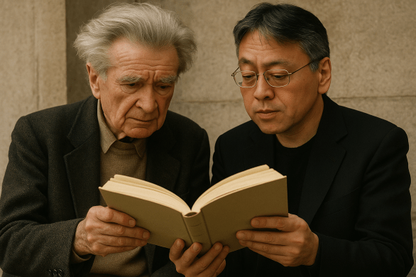 Sora-generated image of Emil Cioran and Kazuo Ishiguro reading a generic book together