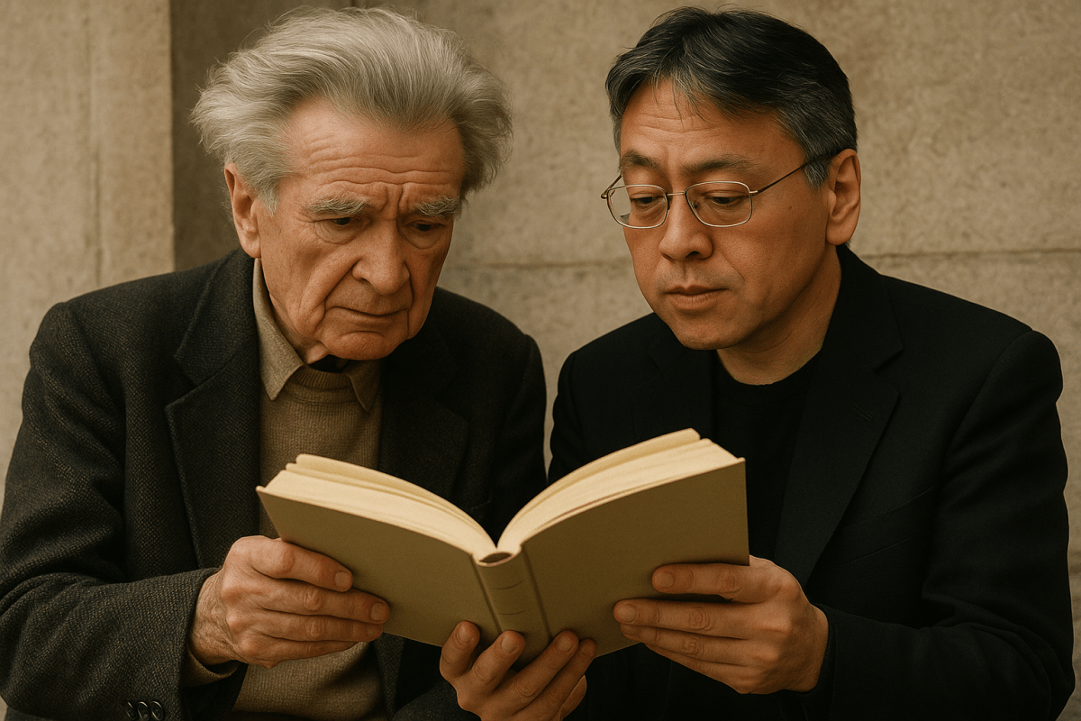Sora-generated image of Emil Cioran and Kazuo Ishiguro reading a generic book together