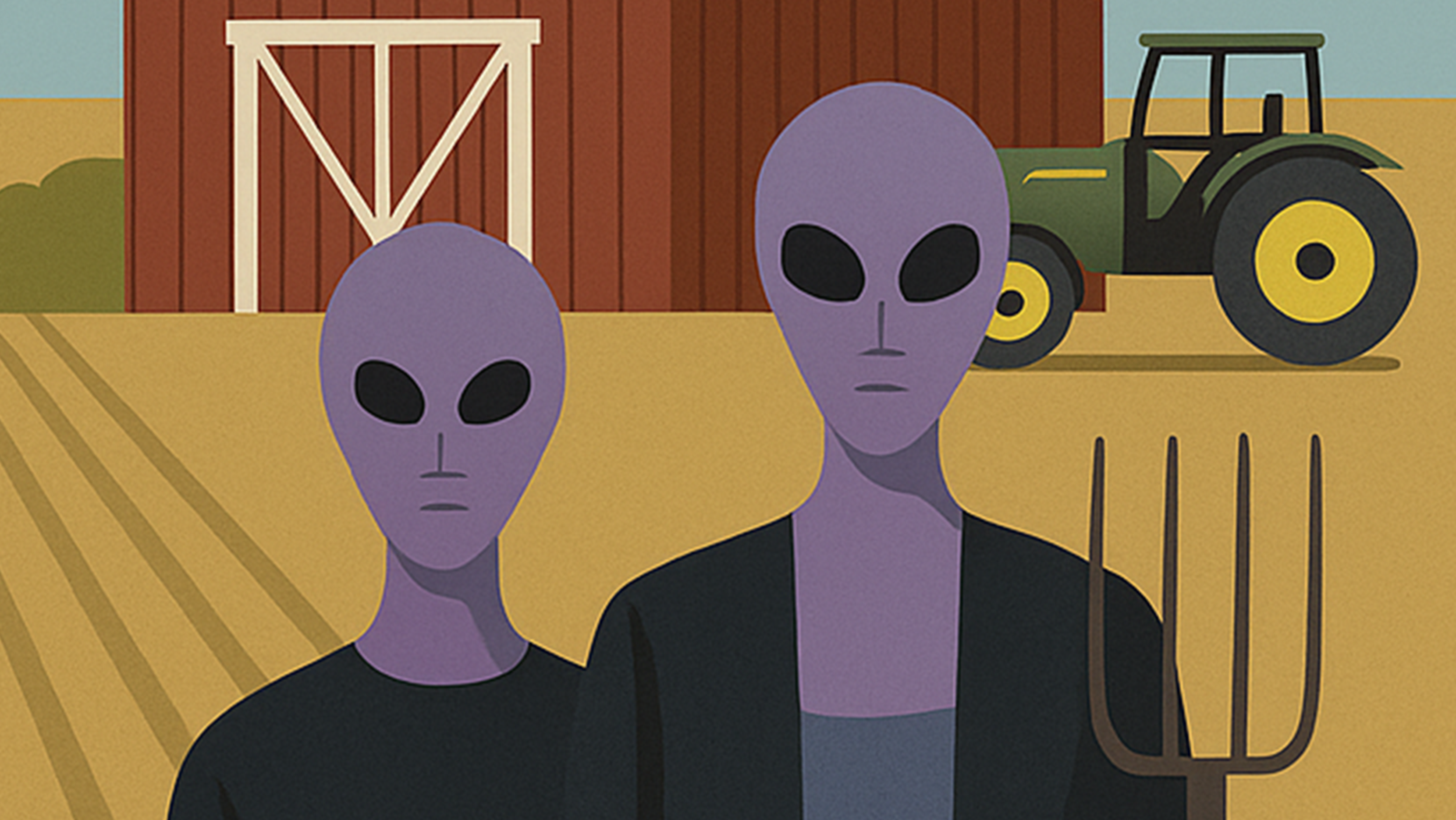 Violet aliens on a farm