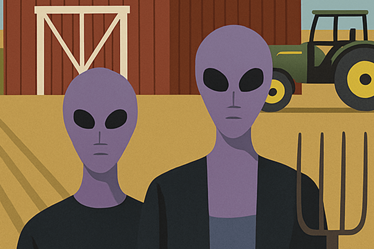 Violet aliens on a farm
