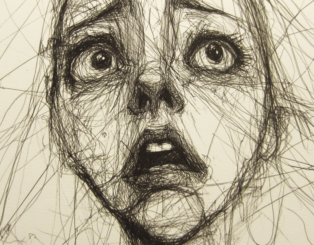 frantic woman, pen and ink