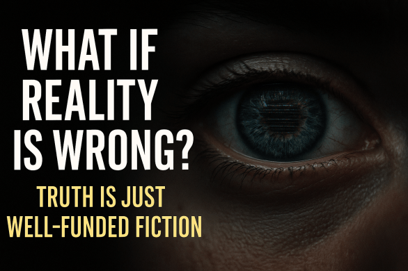 Close-up of a human eye with digital glitch effects and overlaid text reading 'What if reality is wrong?'—a visual metaphor for distorted perception and unreliable truth.