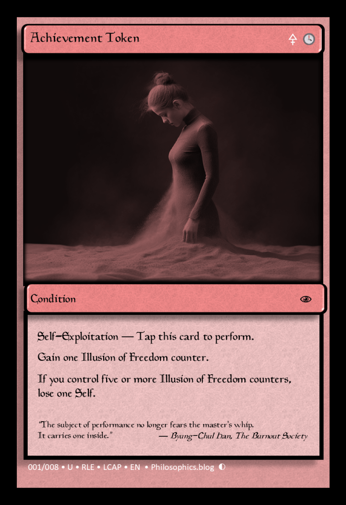 A digital MTG trading card titled “Achievement Token – Condition.” The image shows a human figure shaped like an hourglass, sand flowing through its body as if time and self are draining away. The design echoes the colours of oxidised red and muted graphite, symbolising burnout and the illusion of productivity within modern capitalist culture.