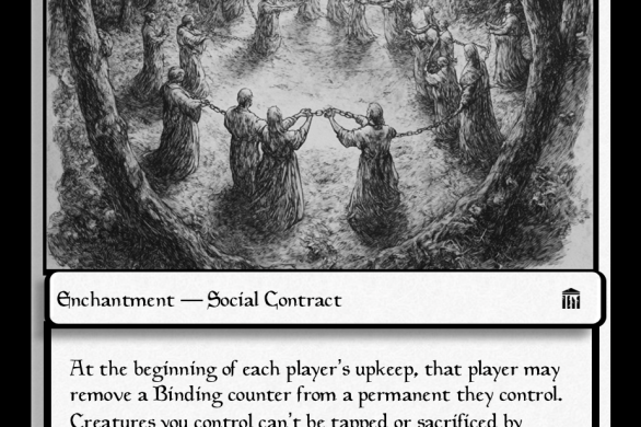 Black-and-white illustration of robed figures standing in a forest clearing, forming a circle by linking chains between their hands. The figures appear both united and restrained, illuminated by a pale, radiant light that suggests dawn or revelation. The mood is solemn yet transcendent, symbolising Rousseau’s paradox that freedom and constraint are inseparable. The image appears as a parody Magic: The Gathering card titled “Freedom,” subtitled “Enchantment — Social Contract,” with a quote from Jean-Jacques Rousseau: “To renounce liberty is to renounce being a man.” The art captures the tension between community, bondage, and liberation.