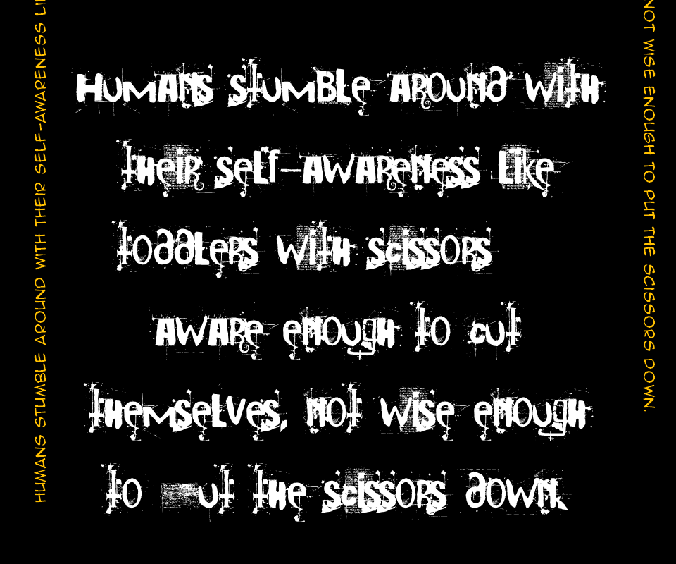 Humans stumble around with their self-awareness like toddlers with scissors—aware enough to cut themselves, not wise enough to put the scissors down.
